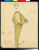 Cashin's hand-painted illustrations of ensembles featuring yellow Forstmann wool. f14-03