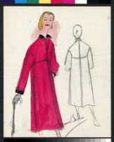 Cashin's hand-painted illustrations of ensembles featuring red Forstmann wool. f11-06