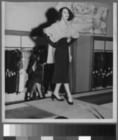 Black and white photographs of Cashin's ready-to-wear designs for Adler and Adler and Sills and Co. modeled at various fashion shows