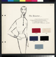 Cashin's illustrations of sweater designs for Forstmann wool, mounted on board with swatches. b075_f01-18