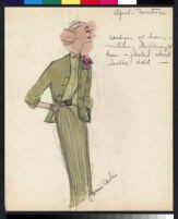 Cashin's hand-painted illustrations of ensembles featuring green Forstmann wool. f06-04