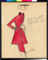 Cashin's hand-painted illustrations of ensembles featuring red Forstmann wool. f11-08