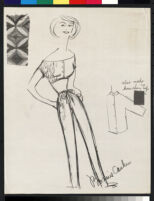 Cashin's illustrations of at-home wear designs, with swatches. f02-06