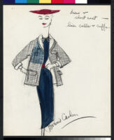 Cashin's hand-painted illustrations of ensembles featuring blue Forstmann wool. f05-05