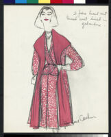 Cashin's hand-painted illustrations of ensembles featuring red Forstmann wool. f11-16