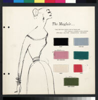 Cashin's illustrations of sweater designs for Forstmann wool, mounted on board with swatches. b075_f01-17