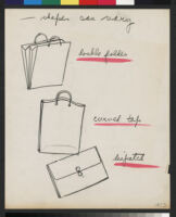 Cashin's essays and illustrations regarding design ideas for paper accessories including handbags, umbrellas, and slippers