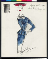 Cashin's hand-painted illustrations of ensembles featuring blue Forstmann wool. f05-03