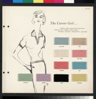 Cashin's illustrations of sweater designs for Forstmann wool, mounted on board with swatches. b075_f01-04