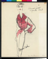 Cashin's hand-painted illustrations of ensembles featuring red Forstmann wool. f11-17