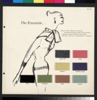 Cashin's illustrations of sweater designs for Forstmann wool, mounted on board with swatches. b075_f01-10