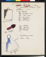 Cashin's essays and illustrations regarding design ideas for paper accessories including handbags, umbrellas, and slippers