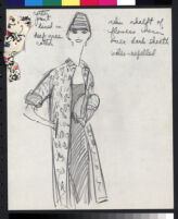 Cashin's pencil illustrations of rainwear designs, including hats. b077_f08-12