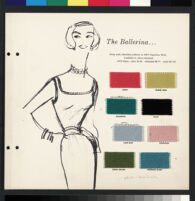 Cashin's illustrations of sweater designs for Forstmann wool, mounted on board with swatches. b075_f01-03