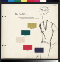 Cashin's illustrations of sweater designs for Forstmann wool, mounted on board with swatches. b075_f01-05