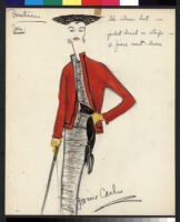 Cashin's hand-painted illustrations of ensembles featuring red Forstmann wool. f11-07