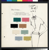 Cashin's illustrations of sweater designs for Forstmann wool, mounted on board with swatches. b075_f01-23