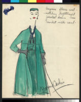 Cashin's illustrations of ensembles featuring turquoise Forstmann wool. f13-11