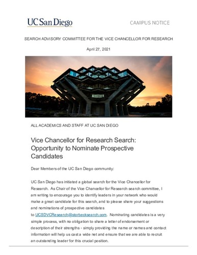 Vice Chancellor for Research Search: Opportunity to Nominate ...