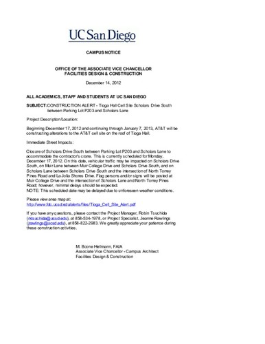 Construction Alert - Tioga Hall Cell Site Scholars Drive South between ...