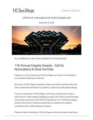 11th Annual Integrity Awards - Call for Nominations & Save the Date