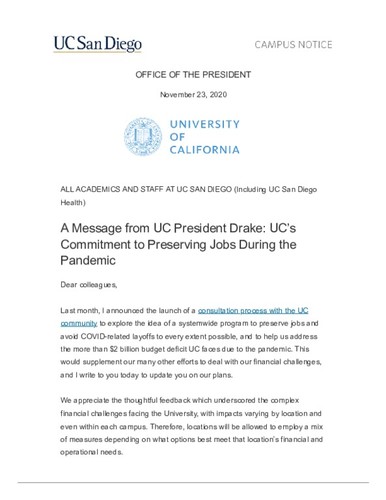 A Message from UC President Drake: UC’s Commitment to Preserving Jobs During the Pandemic