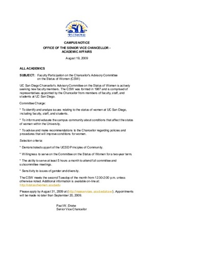 Faculty Participation on the Chancellor's Advisory Committee on the ...