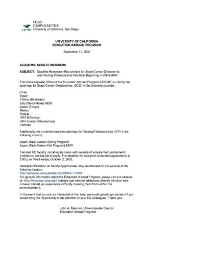 Deadline Reminder - Recruitment for Study Center Directorship and Visiting Professorship Positions Beginning in 2003-2004