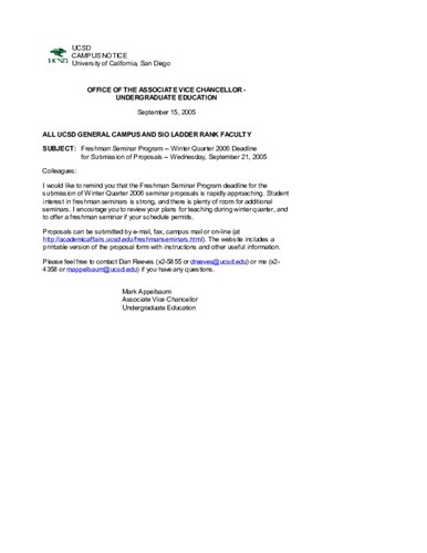 Freshman Seminar Program--Winter Quarter 2006 Deadline for Submission of Proposals--Wednesday, September 21, 2005