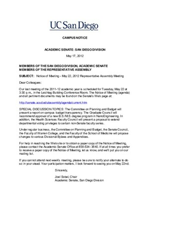 Notice of Meeting - May 22, 2012 Representative Assembly Meeting