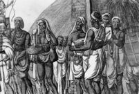 Photo of an engraving of an Indian playing udukku, mrdanga, ghanta ...