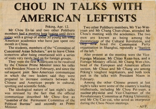 Newspaper clipping on the meeting of Zhou Enlai with CCAS Friendship Delegation (1 of 3)