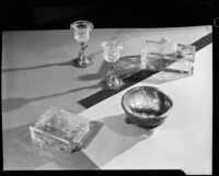 Etched glass objects and stone bowl at the Brock & Company jewelry and gift store, Los Angeles, 1930