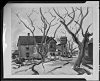 Farm scene with house and Silo (?), painting by Barse Miller, 1925-1939