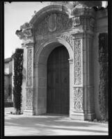 Entrance with relief sculpture at the Pierce Brothers Mortuary, Los Angeles, 1925-1939