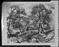 Landscape with automobile on road, painting by Barse Miller, 1925-1939