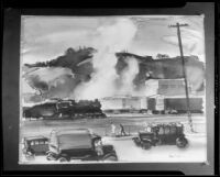 Scene with railroad cars and roadside, painting by Barse Miller, 1925-1939