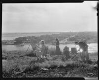 Barse Miller, painter and muralist, painting outdoors with four other artists, 1930-1939