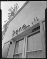 Sign reading "irene LTD" on the outside of a dress shop of designer Irene Lentz Gibbons, Los Angeles, (circa 1930?)