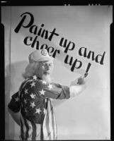 Uncle Sam dressed as a construction worker with a Better Housing Program emblem on his cap, circa 1934