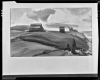 Landscape with barn and house on bluff above seashore, painting by Barse Miller