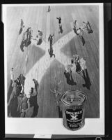 Photomontage composition with images of small people on a floor with a large "X" on it, for an advertisement for "Double X Floor Cleaner," circa 1934