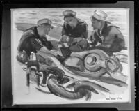 Scene with three sailors on a ship (signed and dated 1934), painting by Barse Miller, 1934-1939