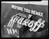 Wood floor and box of "Waxoff" for an advertisement, 1925-1939