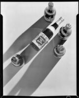 Overhead view of 5 bottles of "Mission Dry Sparkling," Los Angeles, circa 1930