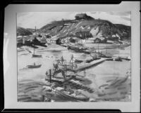 Scene with pier and seashore, painting by Barse Miller, 1925-1939