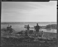 Barse Miller, painter and muralist, painting outdoors with four other artists, 1930-1939