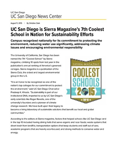 UC San Diego is Sierra Magazine’s 7th Coolest School in Nation for Sustainability Efforts