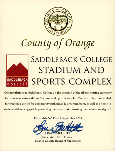 Certificate recognizing Saddleback College's stadium and sports complex