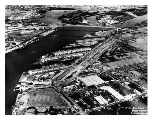 Aerial view of harbor and Vincent Thomas Bridge